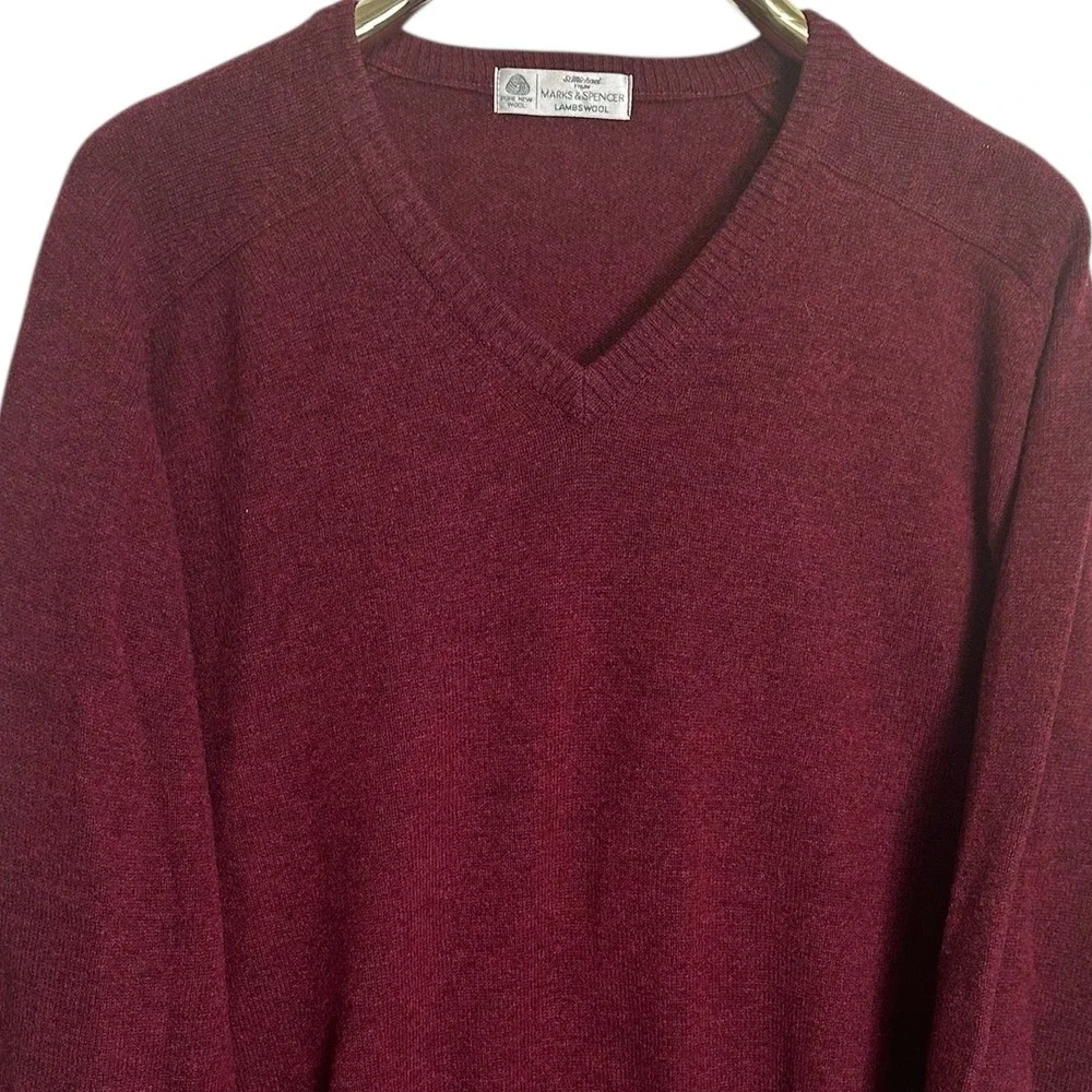 Marks & Spencer St Michael Sweater Mens XL Bordeaux Red Lambswool V-Neck UK Made